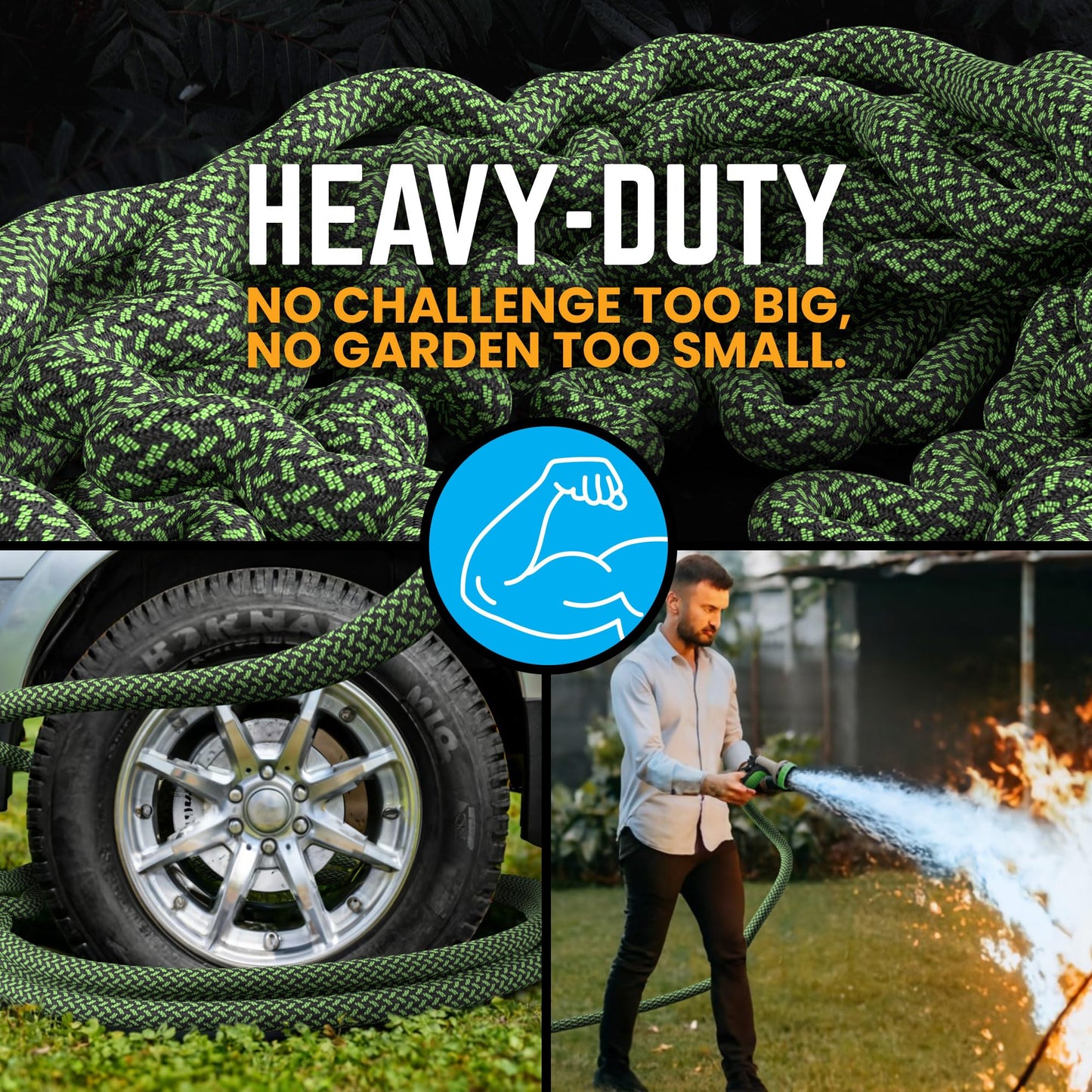 PowerFlow Garden Hose, NON-EXPANDABLE 25 Feet Premium Quality Stainless Steel Metal Water Hose with Durable Fabric Skin, Hose For Commercial, Residential Use, Bonus 10-way Spray Nozzle (25 Ft, Green)