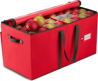 ZOBER Large Christmas Ornament Storage Box - Stores 128 3" Ornaments, With Dividers - Ornament Organizer Storage Box, Durable Christmas Containers Holder - Extra Pockets, Dual Zipper - Red