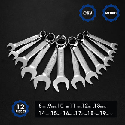 WORKPRO 12-piece Stubby Wrench Set, Metric 8-19mm, Cr-V Steel, Small Combination Wrenches Set with Premium Storage Case