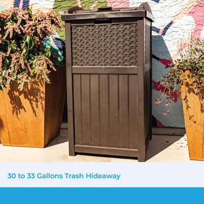 Suncast 33 Gallon Outdoor Trashcan Hideaway with Lid for 30 to 33 Gallon Trash Bags for Garage, Backyard, or Garden, Brown, Made in the USA