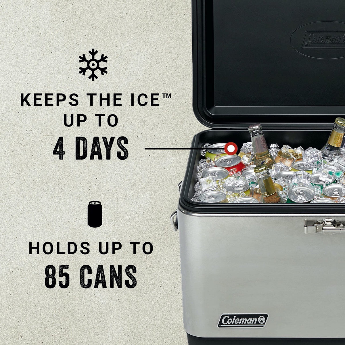 Coleman Reunion Premium Insulated Portable Cooler, Leak-Resistant 54qt Steel Belted Cooler with Heavy-Duty Latch, Handles, Drain & Bottle Opener, Great for Camping, Tailgating, Beach, Picnic, & More