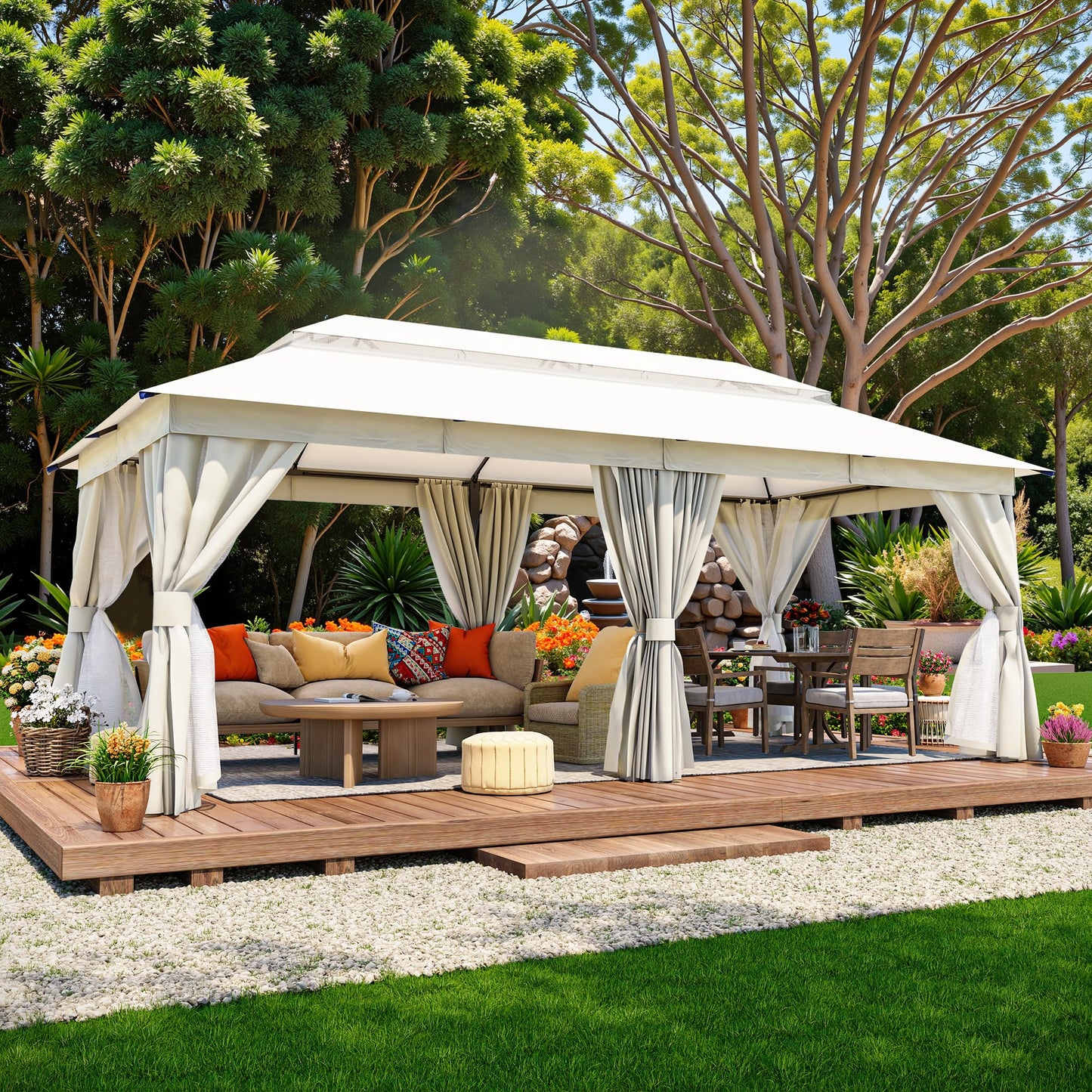 LAUSAINT HOME Outdoor Patio Gazebo 10'x20' with Expansion Bolts, Heavy Duty Party Tent & Shelter with Double Roofs, Mosquito Nettings and Privacy Screens for Backyard, Garden, Lawn, Cream White