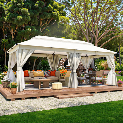 LAUSAINT HOME Outdoor Patio Gazebo 10'x20' with Expansion Bolts, Heavy Duty Party Tent & Shelter with Double Roofs, Mosquito Nettings and Privacy Screens for Backyard, Garden, Lawn, Cream White