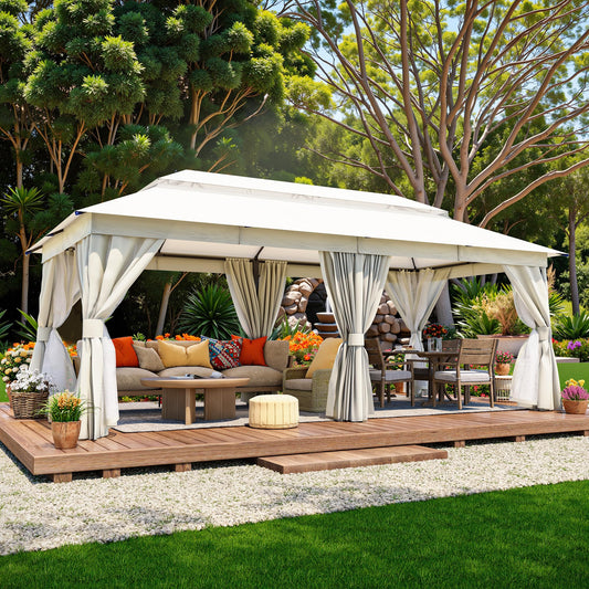 LAUSAINT HOME Outdoor Patio Gazebo 10'x20' with Expansion Bolts, Heavy Duty Party Tent & Shelter with Double Roofs, Mosquito Nettings and Privacy Screens for Backyard, Garden, Lawn, Cream White