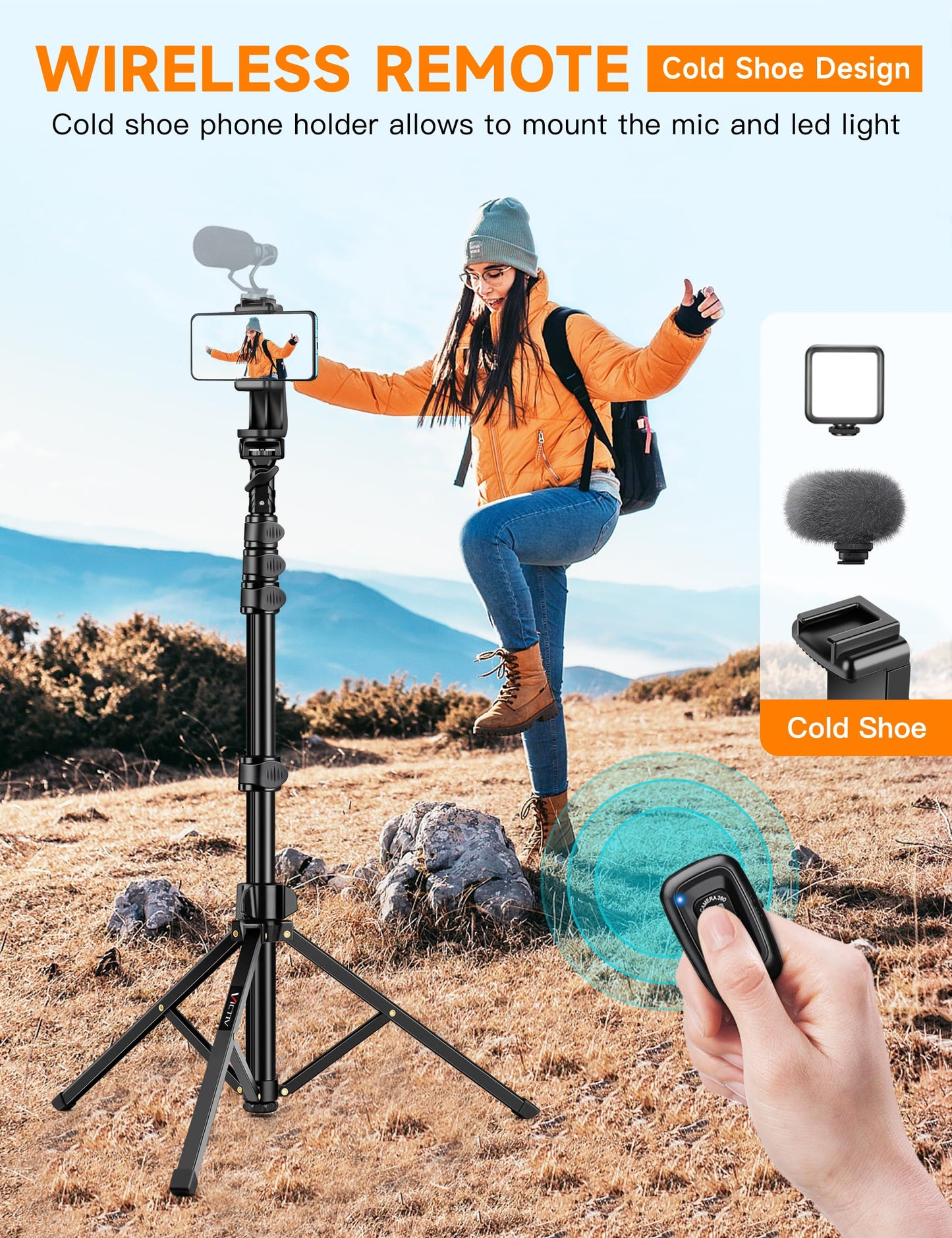 Phone Tripod, 86" Tall Tripod for iPhone with Flexible Gooseneck & Remote, Portable Aluminum Cellphone Stand for Selfies, Video Recording,Travel, Compatible with iPhone Android