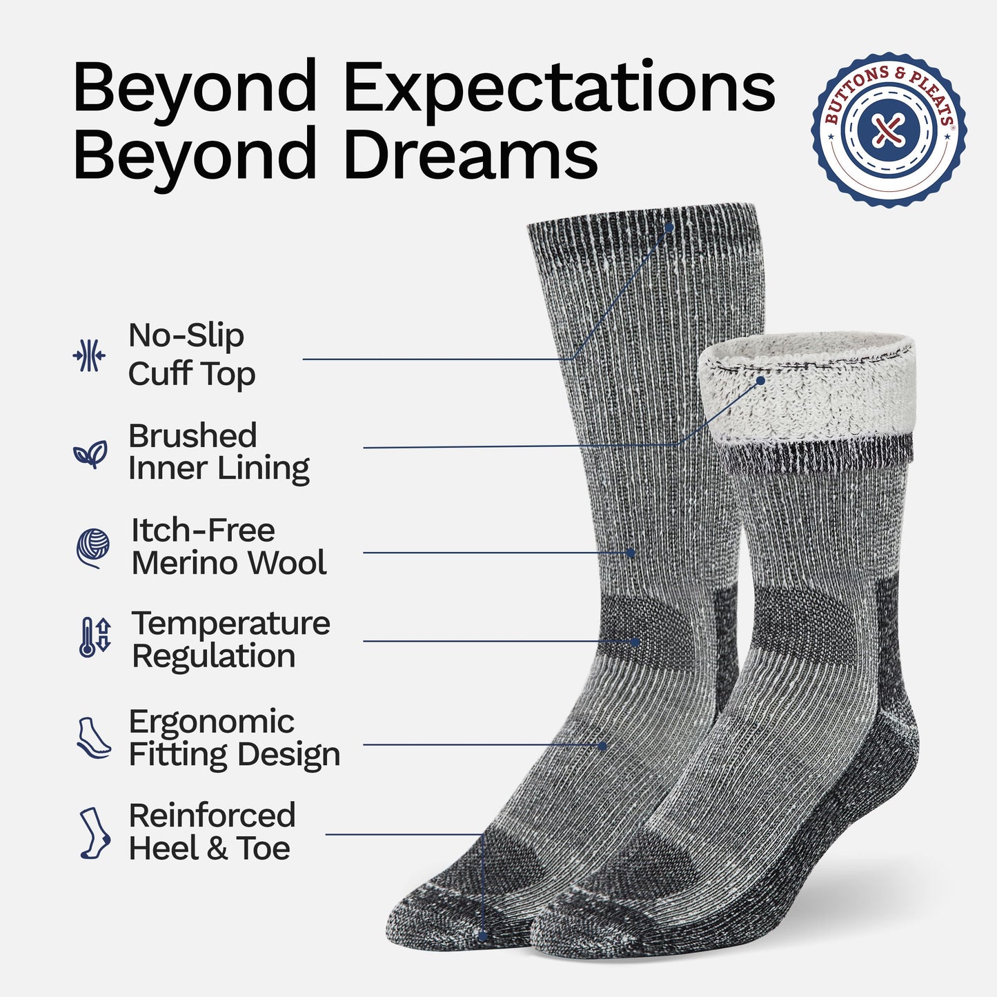 Buttons & Pleats Wool Socks for Men Women Merino Thermal Warm Cozy Winter Fuzzy Boot Sock Charcoal ML