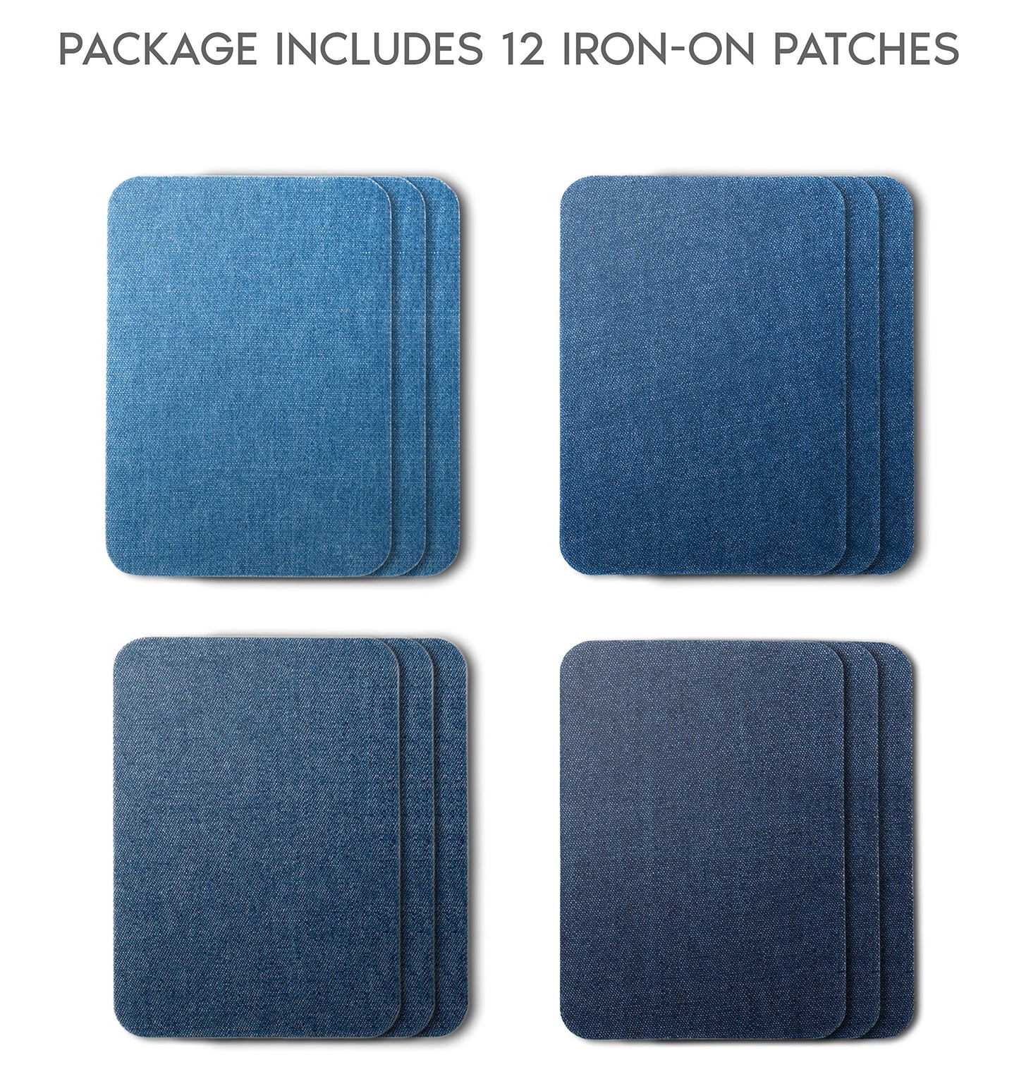ZEFFFKA Denim Iron-on Patches Inside & Outside Strongest Glue 100% Cotton Black and White Repair Decorating Kit 12 Pieces Shades of Blue Size 3" by 4-1/4" (7.5 cm x 10.5 cm)