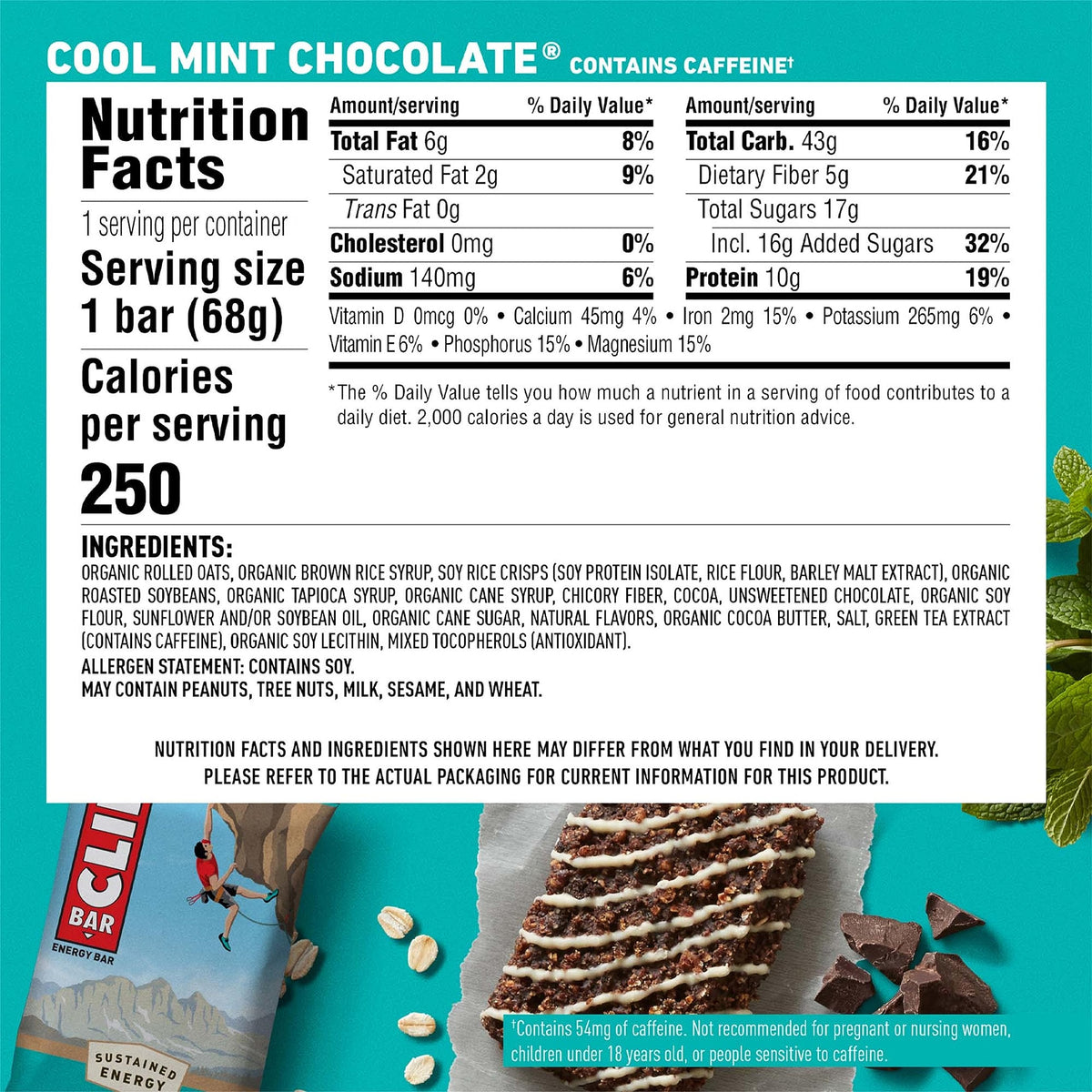 CLIF BAR - Cool Mint Chocolate with Caffeine - Made with Organic Oats - Energy Bars - Non-GMO - Plant Based Protein Bars (10 Pack)