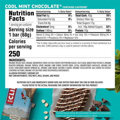 CLIF BAR - Cool Mint Chocolate with Caffeine - Made with Organic Oats - Energy Bars - Non-GMO - Plant Based Protein Bars (10 Pack)