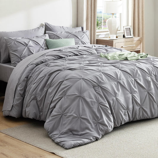 Bedsure Oversized King Comforter Set Grey - Bed in a Bag Bedding Set 7 Pieces, GentleSoft™ Pintuck Bed Set Gift for Family, Pinch Pleat Grey Comforter with Sheets, Pillowcases & Shams