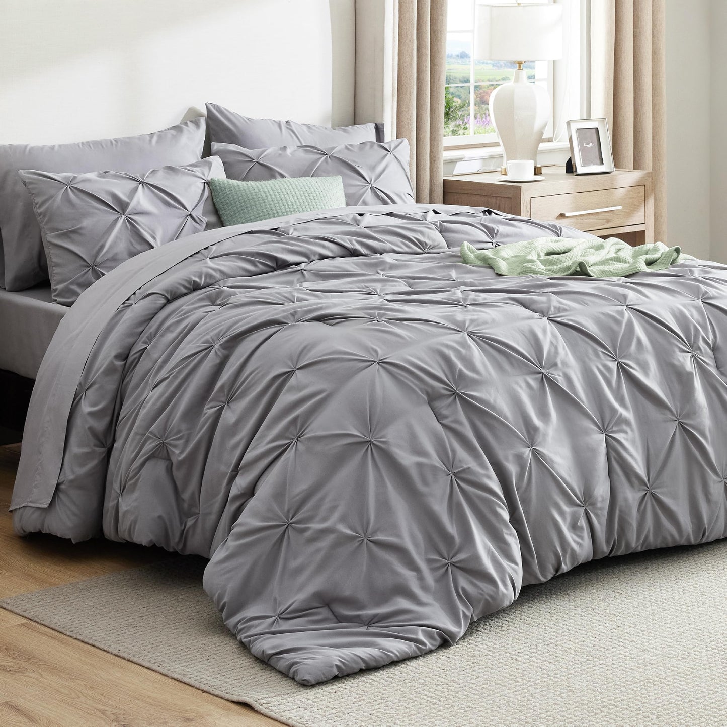 Bedsure Oversized King Comforter Set Grey - Bed in a Bag Bedding Set 7 Pieces, GentleSoft™ Pintuck Bed Set Gift for Family, Pinch Pleat Grey Comforter with Sheets, Pillowcases & Shams
