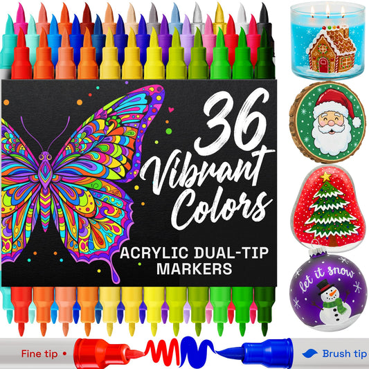 ARTISTRO 36 Acrylic Paint Markers - Paint Pens Dual Tip Brush + Fine Ideal for Calligraphy - Perfect for Fabric, Rock, Glass, Wood, DIY - Art Supplies, Stocking Stuffers, Christmas Gift Idea