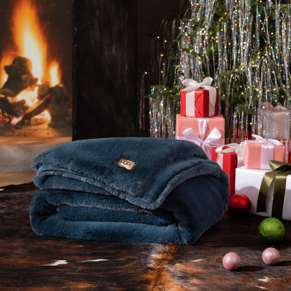 UGG Euphoria Plush Faux Fur Throw Blanket, Soft Warm Throw Blankets for Couch or Bed, Luxury Bedroom Decor, Giftable Holiday Blankets, Machine Washable, 50-inch x 70-inch, Indigo Blue