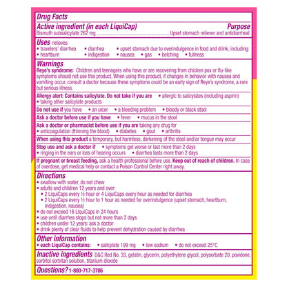 Pepto Bismol Liquicaps, Upset Stomach Relief, Bismuth Subsalicylate, Multi-Symptom Relief of Gas, Nausea, Heartburn, Indigestion, Upset Stomach, Diarrhea, 48 Liquicaps