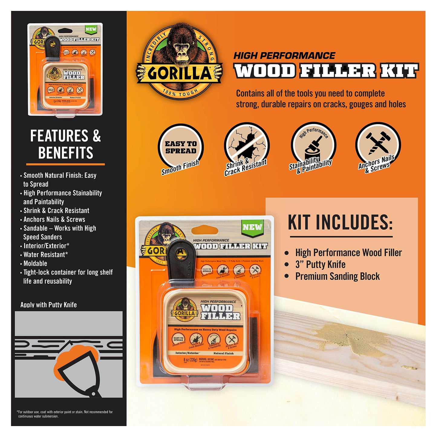 Gorilla All Purpose Wood Filler Wood Repair Kit with Putty Knife and Sanding Block