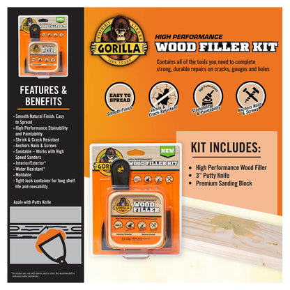Gorilla All Purpose Wood Filler Wood Repair Kit with Putty Knife and Sanding Block