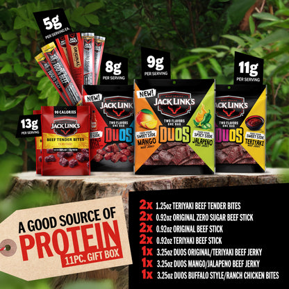 Jack Link’s DUOs Gift Box – Includes Beef Jerky, Chicken & Tender Bites, & Sticks, Great Protein Gifts for Dad, Men or Meat Lovers, Ideal for Holidays & More – 11-Piece Beast Snack Variety Pack