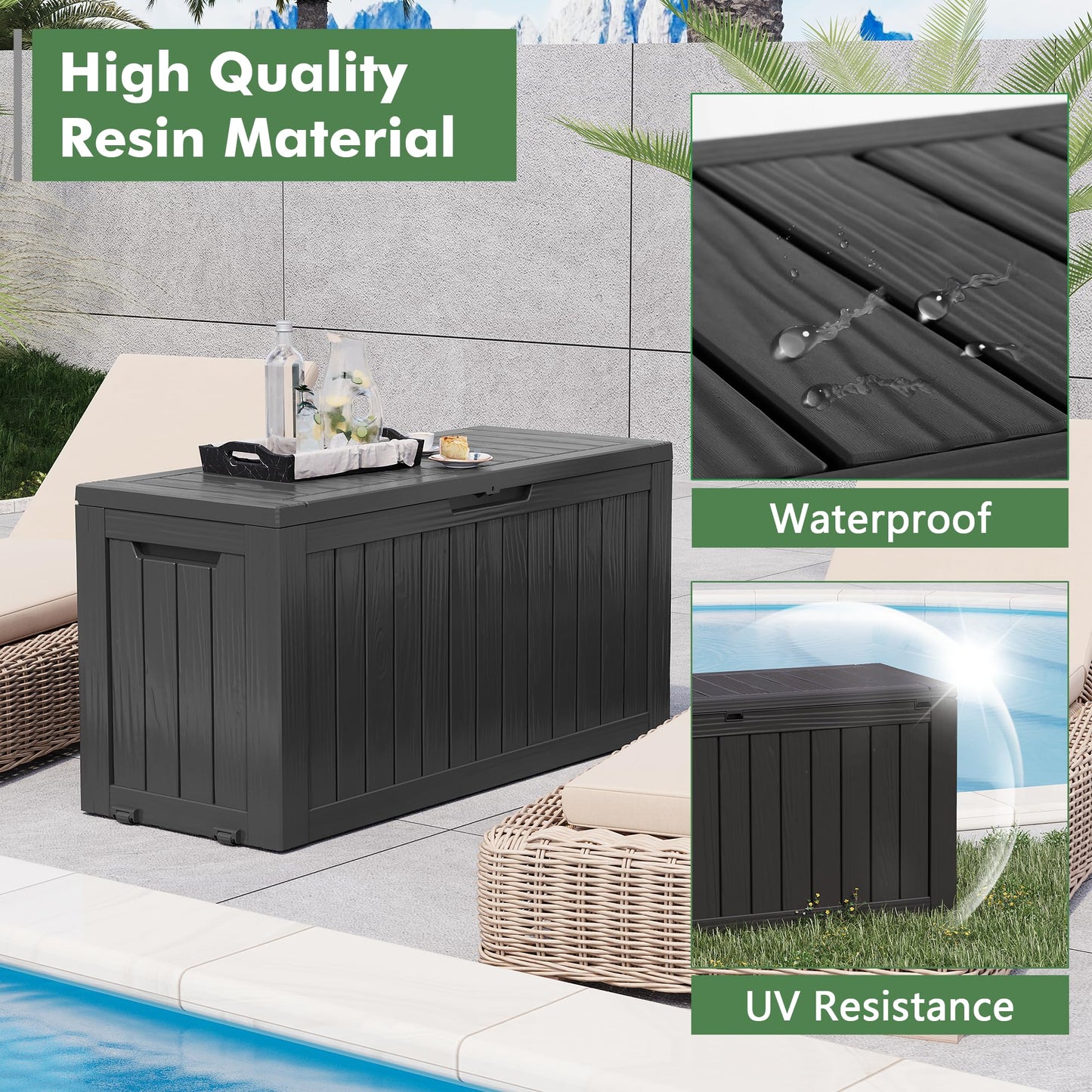 NUNU LAB 75 Gallon Outdoor Storage Box,Large Resin Sturdy Deck Box, Backyard Outside Storage Box Waterproof with Double Wall Panels,Package Delivery Garden Hose Storage Bin Outdoor Tool