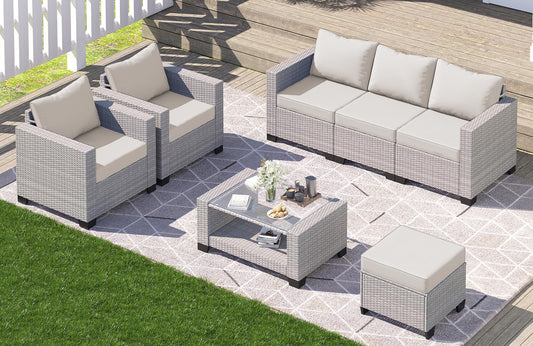 7 Piece Outdoor Patio Furniture Set, Outdoor Sectional Furniture, Rattan Chairs Glass Table Wicker Conversation Seating Sectional Sofa with Cushions (B-Grey White-Grey, B-7 Pieces-Tilted Back)