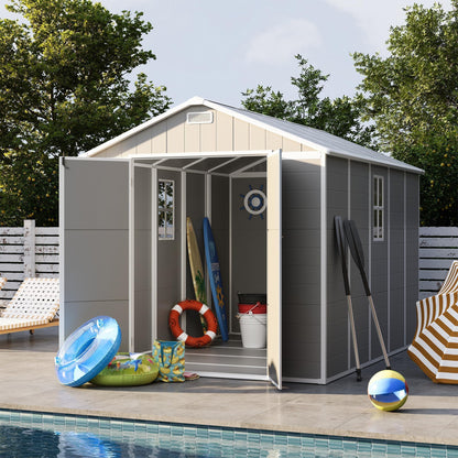 UDPATIO Storage Shed 8 x 10 FT, Resin Outdoor Garden Sheds with Floor Plastic Patio Outdoor Storage with Lockable Door for Tool, Bike, Garbage Gray White