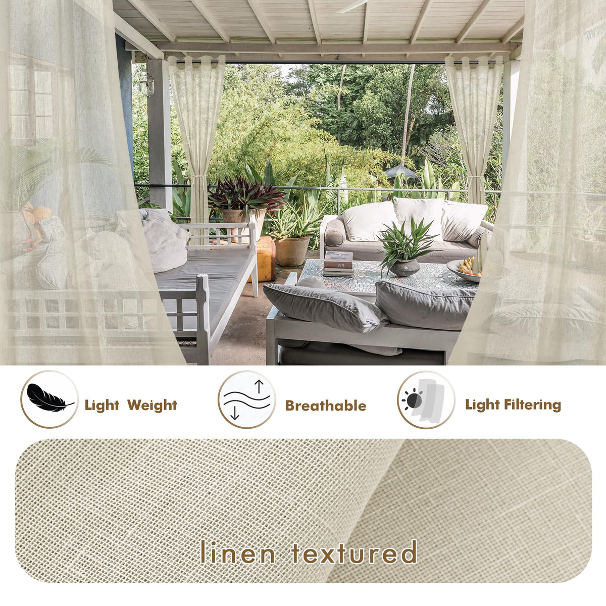HolidayIdeas Sheer Outdoor Curtains-4 Panels Natural Linen Sheer Curtains Waterproof Privacy, Semi Voile Drapes for Porch, Pavilion, Garden, Lawn, Corridor, Sun Room Decor, W 54 x L 108 inch Long