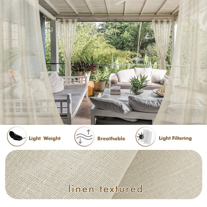 HolidayIdeas Sheer Outdoor Curtains-4 Panels Natural Linen Sheer Curtains Waterproof Privacy, Semi Voile Drapes for Porch, Pavilion, Garden, Lawn, Corridor, Sun Room Decor, W 54 x L 108 inch Long