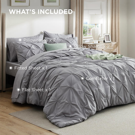 Bedsure Oversized King Comforter Set Grey - Bed in a Bag Bedding Set 7 Pieces, GentleSoft™ Pintuck Bed Set Gift for Family, Pinch Pleat Grey Comforter with Sheets, Pillowcases & Shams