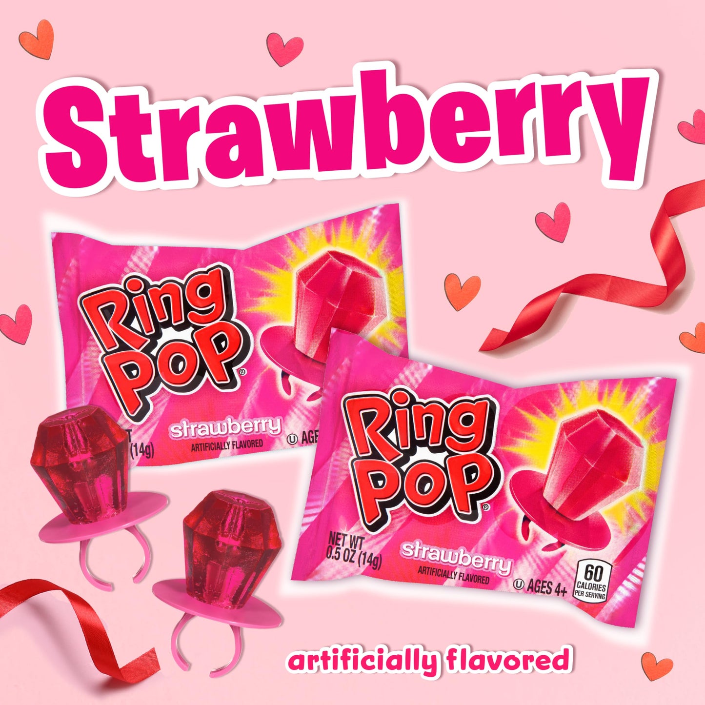 Ring Pop Pink Valentine's Candy, Individually Wrapped Pink Lollipops, Strawberry 30 Ct Bulk Suckers for Kids, Fun Candy for Gender Reveals, Valentine's Gifts, Goodie Bags, Party Favors