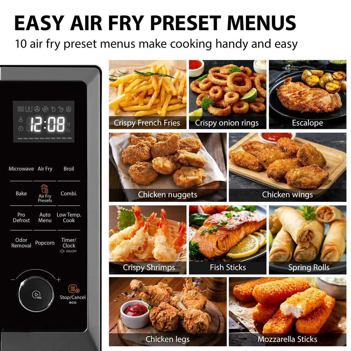 TOSHIBA Air Fryer Combo 8-in-1 Countertop Microwave Oven, with Convection, Broil, Odor Removal Mode, 12.4" Position Memory Turntable, Child-Lock, 1.0 Cu.ft, Black Stainless Steel, ML2-EC10SA(BS)