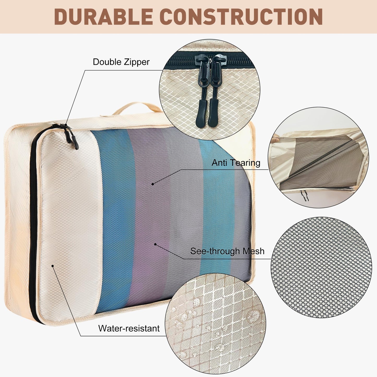 Toncoke 8-Piece Packing Cubes for Travel, Mesh Luggage Organizers with Shoe Bag, Toiletry Bag, Laundry Pouches, 4 Sizes (XL/L/M/S) for Suitcase Organization, Men Women Kids, Beige