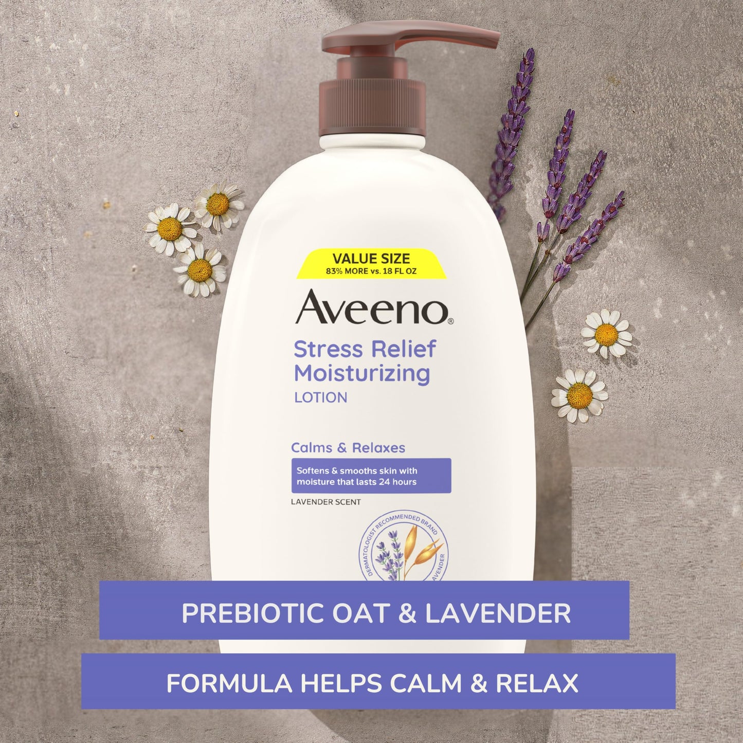 Aveeno Stress Relief Moisturizing Body Lotion 33 Fl Oz, Lavender Scent with Prebiotic Oat, Hydrating 24-Hour Moisturizer Non-Greasy for Dry Sensitive Skin, Paraben & Dye Free, Calming & Relaxing