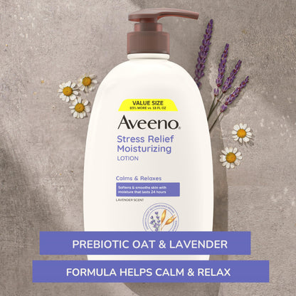 Aveeno Stress Relief Moisturizing Body Lotion 33 Fl Oz, Lavender Scent with Prebiotic Oat, Hydrating 24-Hour Moisturizer Non-Greasy for Dry Sensitive Skin, Paraben & Dye Free, Calming & Relaxing