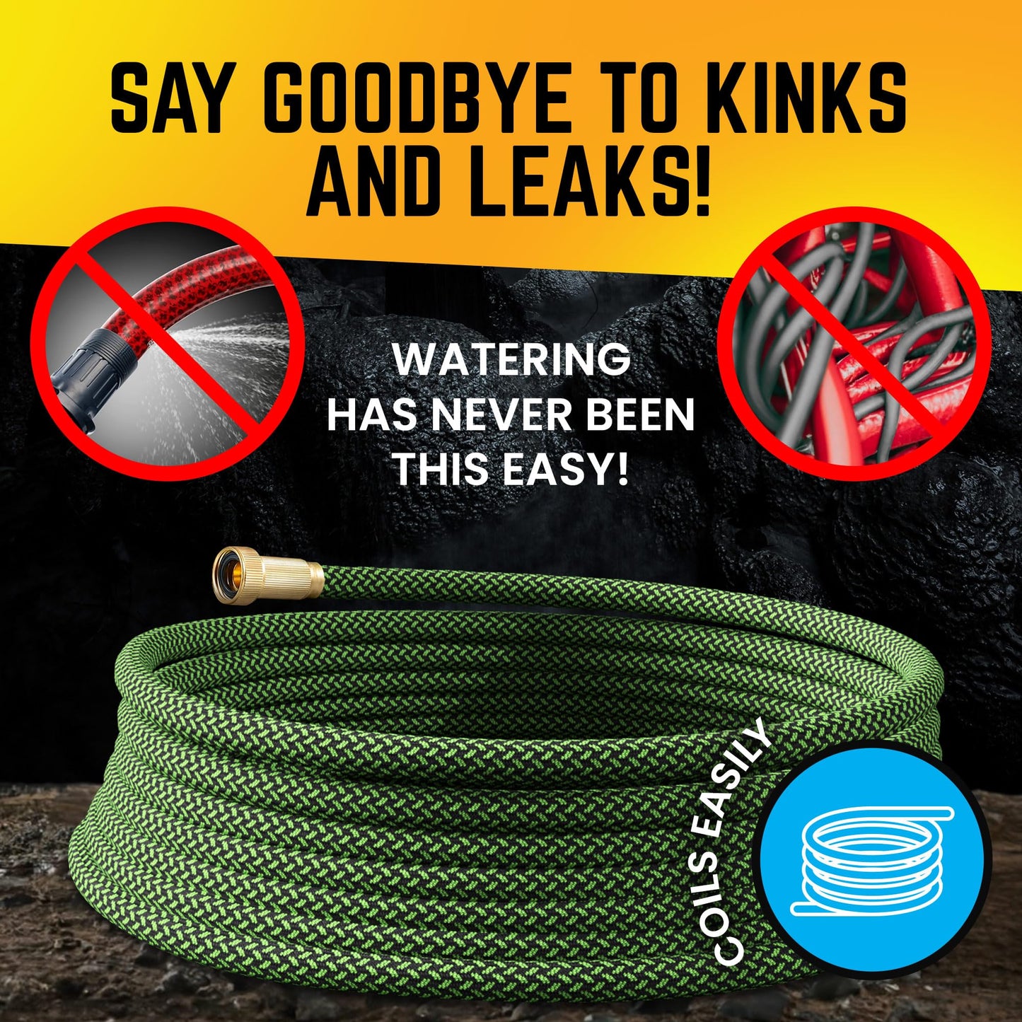 PowerFlow Garden Hose, NON-EXPANDABLE 25 Feet Premium Quality Stainless Steel Metal Water Hose with Durable Fabric Skin, Hose For Commercial, Residential Use, Bonus 10-way Spray Nozzle (25 Ft, Green)