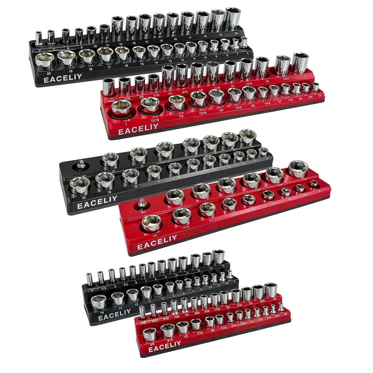 EACELIY 6Pcs Magnetic Socket Organizer Set, 1/2", 1/4" and 3/8" SAE & Metric Deep & Shallow Socket Holder Kit, Socket Trays，holds 143pcs Sockets (sockets not included)