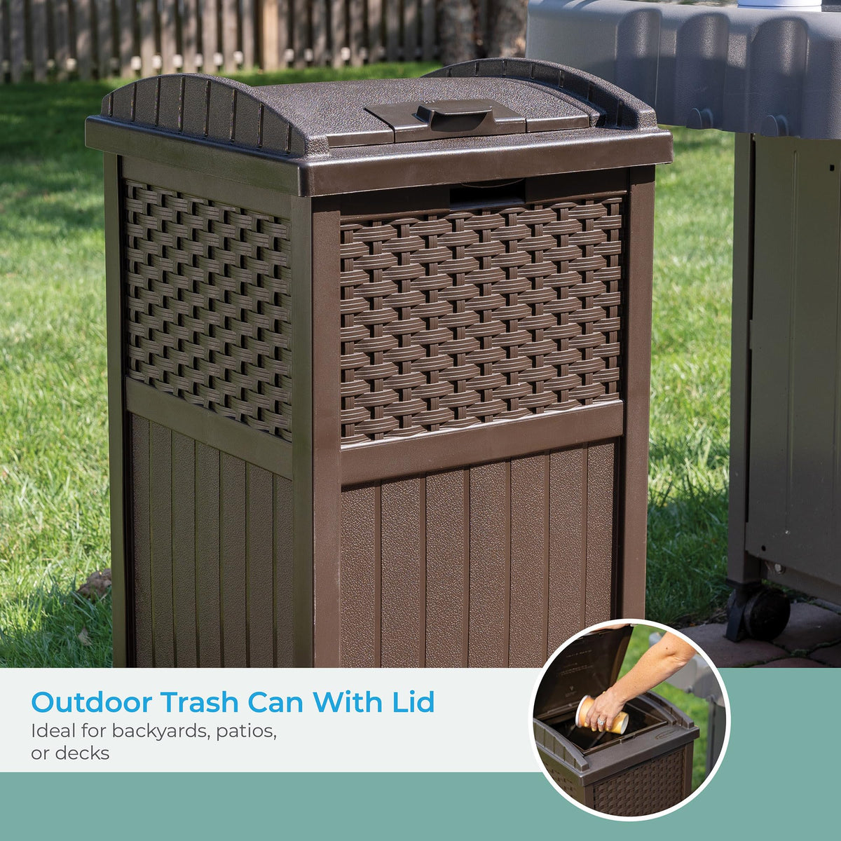 Suncast 33 Gallon Outdoor Trashcan Hideaway with Lid for 30 to 33 Gallon Trash Bags for Garage, Backyard, or Garden, Brown, Made in the USA