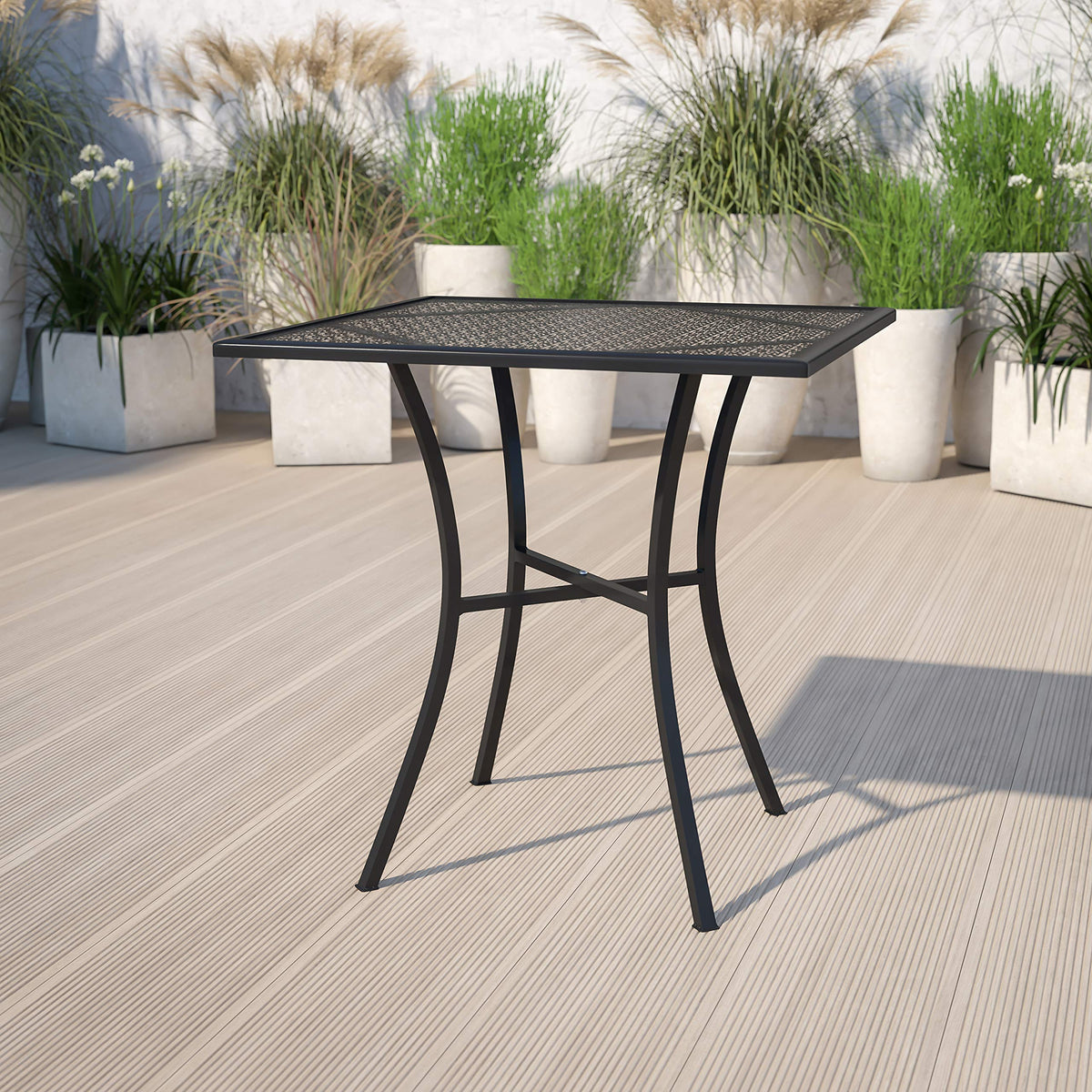 Flash Furniture Oia 28" Commercial Grade Steel Patio Table, Modern Square Rain Flower Design Outdoor Dining Table, Black