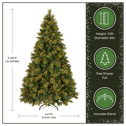 National Tree Company 7.5 ft Pre-Lit Carolina Pine Artificial Christmas Tree, 750 Clear Lights, 1,399 Tips, Includes Stand, Green
