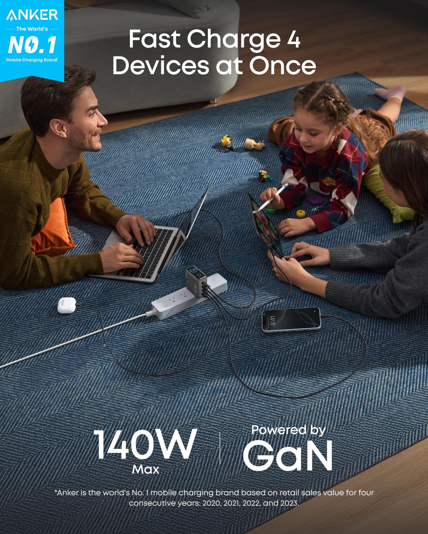 Anker Laptop Charger, 140W Max 4-Port GaN USB C Charger Block with Smart Display, Fast Charging Power Adapter, Touch Controls for MacBook, iPad, iPhone 17/16 Series (Include 5FT Cable, Non-Battery)