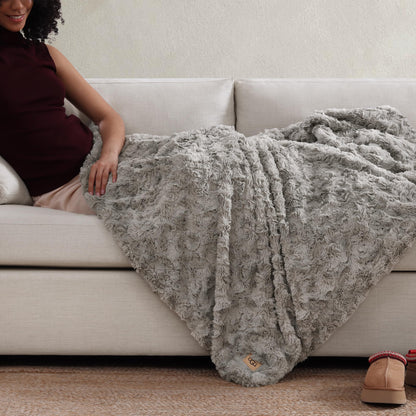 UGG Adalee Faux Fur Throw Blanket Luxury Lightweight Cozy Soft Throw for Couch Bed or Chair Hypoallergenic Machine Washable Double-Sided Fluffy Blanket Home Decor, 50-inch x 70-inch, Seal Grey