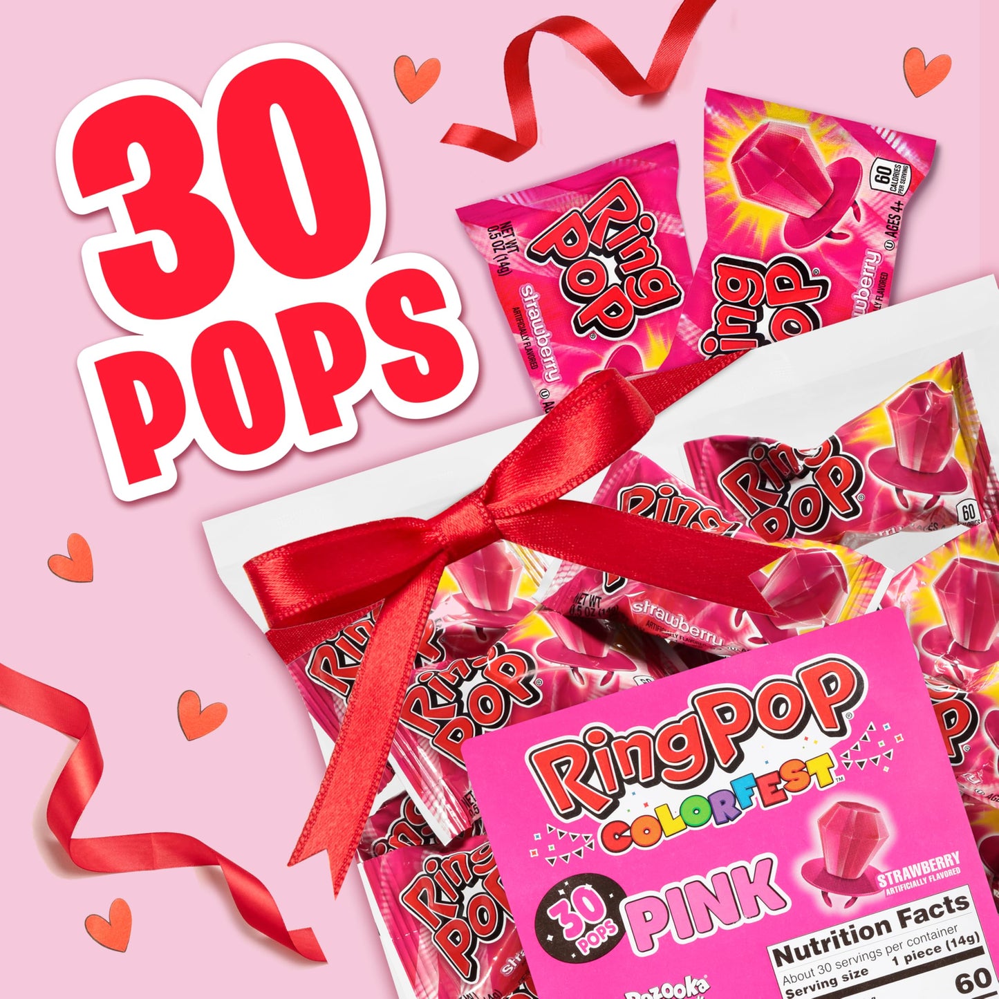 Ring Pop Pink Valentine's Candy, Individually Wrapped Pink Lollipops, Strawberry 30 Ct Bulk Suckers for Kids, Fun Candy for Gender Reveals, Valentine's Gifts, Goodie Bags, Party Favors