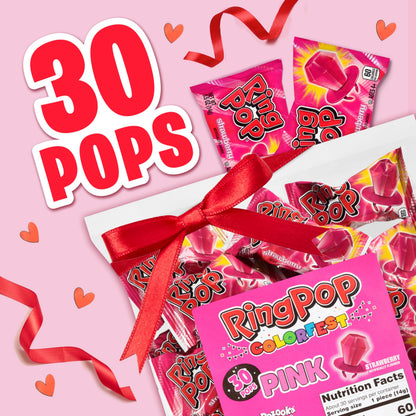 Ring Pop Pink Valentine's Candy, Individually Wrapped Pink Lollipops, Strawberry 30 Ct Bulk Suckers for Kids, Fun Candy for Gender Reveals, Valentine's Gifts, Goodie Bags, Party Favors