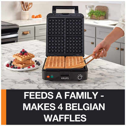 KRUPS 4-Slice Belgian Waffle Maker: Stainless Steel, 5 Browning Levels, Audible Ready Beep, Removable Plates, 1200W, Silver/Black, Large Waffle Maker Family Size, Great for Family Breakfasts