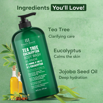 Botanic Hearth Eucalyptus & Tea Tree Body Wash | 16 Fl Oz | Helps Soothe Skin, Refreshing And Invigorating, Cleansing Shower Gel For Men And Women | Sulfate Free, Paraben Free