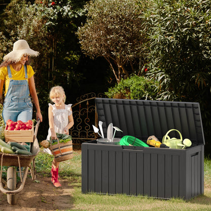 NUNU LAB 75 Gallon Outdoor Storage Box,Large Resin Sturdy Deck Box, Backyard Outside Storage Box Waterproof with Double Wall Panels,Package Delivery Garden Hose Storage Bin Outdoor Tool