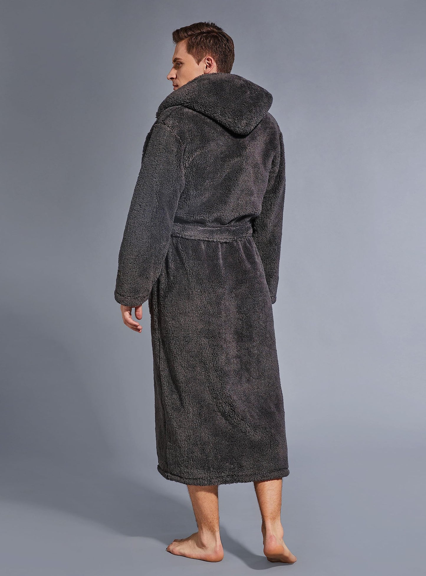 SlumberMee Mens Fleece Plush Robe with Hood Ultra Soft Fluffy Full Length Long with Pockets Luxurious House Coat (Dark Grey, XL)