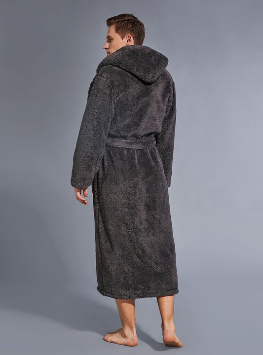 SlumberMee Mens Fleece Plush Robe with Hood Ultra Soft Fluffy Full Length Long with Pockets Luxurious House Coat (Dark Grey, XL)