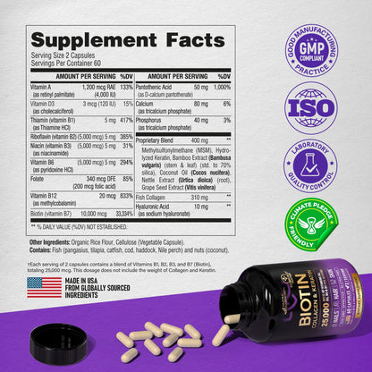 Biotin | Collagen | Keratin - Clinically Tested Supplement - Hair Growth Support, Skin & Nails - 25000 mcg Vitamins B2, B3, B6 & B7 + B1 & Hyaluronic Acid - Made in USA - Women & Men | 60 Capsules
