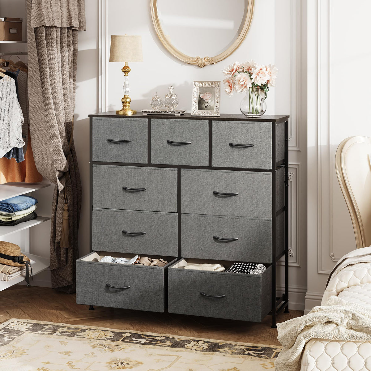 WLIVE 9-Drawer Dresser, Fabric Storage Tower for Bedroom, Hallway, Entryway, Closet, Tall Chest Organizer Unit with Fabric Bins, Steel Frame, Wood Top, Easy Pull Handle, Dark Grey