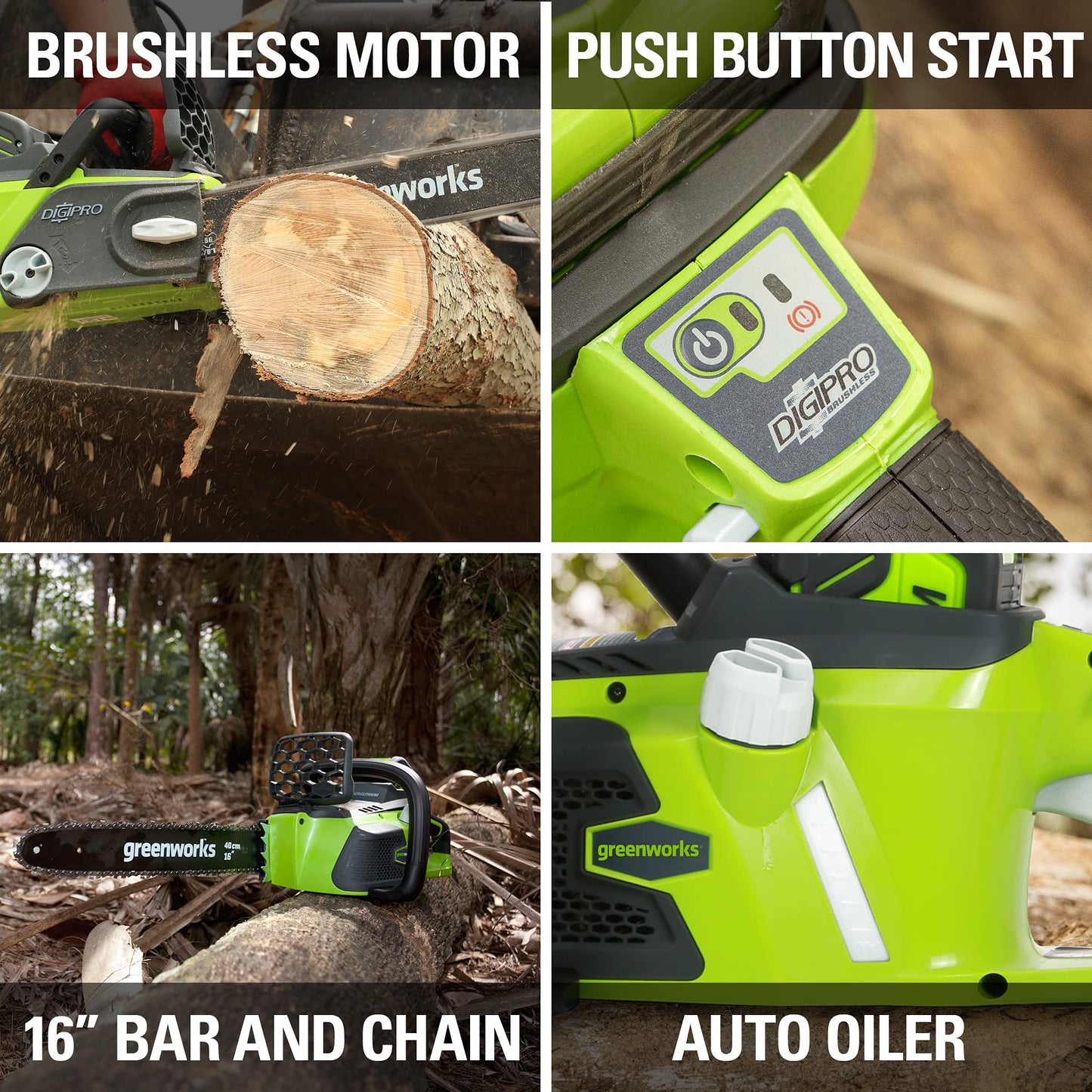 Greenworks 40V 16" Brushless Cordless Chainsaw, 4.0Ah Battery and Charger Included