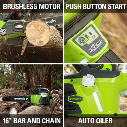 Greenworks 40V 16" Brushless Cordless Chainsaw, 4.0Ah Battery and Charger Included